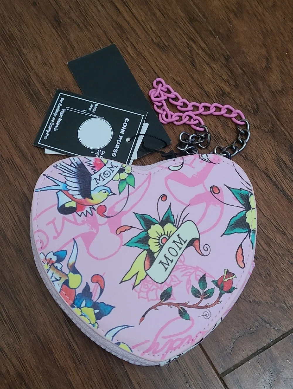 Ed Hardy Pink Heart-Shaped Tattoo Print Coin Pouch